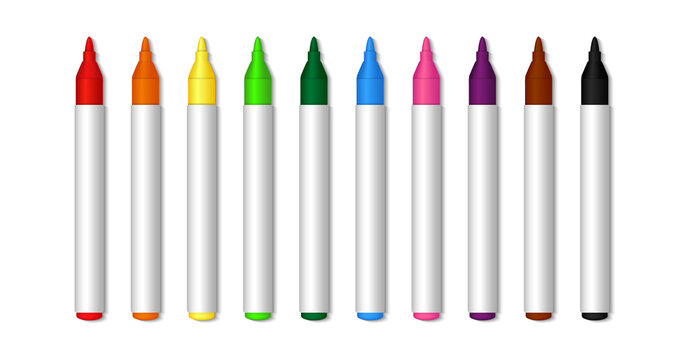 Color marker. Felt tip of marker. Pencil for highlight. Permanent palette of pens. Set of felt tips with green, red, yellow, blue and black colors. Crayons isolated on white background. Vector