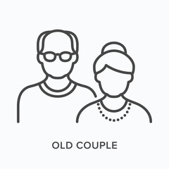 Old couple flat line icon. Vector outline illustration of grandfather and grandmother. Black thin linear pictogram for senior people - obrazy, fototapety, plakaty