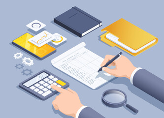 isometric vector illustration on a gray background, a man in a business suit writes statistics in the table, business valuation