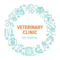 Veterinary clinic circle poster with line icons. Vector illustration included icon as cat, kitten, dog, xray, surgical instruments, hospital, syringe, stethoscope outline pictogram for vet