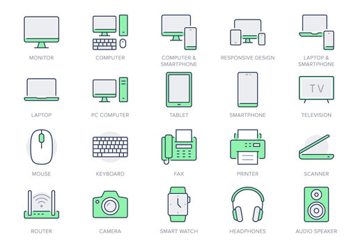 Technology line icons. Vector illustration include icon - computer, monitor, laptop, cellphone, router, fax, scanner, outline pictogram for electronic equipment. Green Color, Editable Stroke