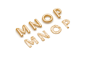 Inflated, deflated gold M N O P letters, balloon font