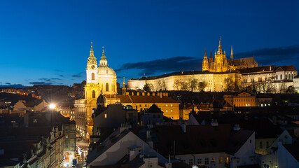 Fototapeta na wymiar View from the Charles bridge tower in Prague to Prague Palace and cathedral at night