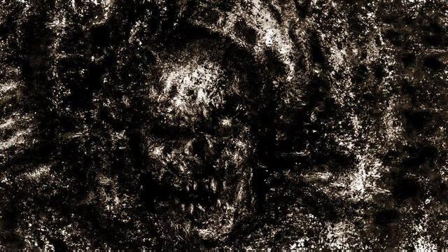 Creepy evil skull abstraction in small debris. Dead man bones in rusty metal. Dark animation horror genre. Grunge, dirt, waves, noise effects. Scary character head video clip. Spooky animated movie. 