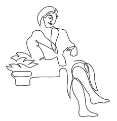 One line drawing of relaxed woman in bathrobe.
One continuous line drawing of relaxed woman in bathrobe.