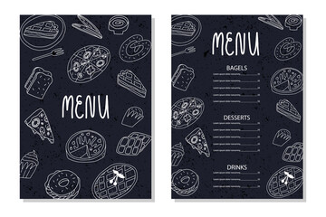 Restaurant, cafe doodle menu template. Various American, Belgian, Italian traditional bakery and pastry. Cartoon banner.