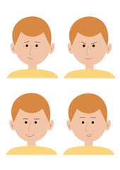 Set of young red-haired guy in a yellow sweater. Emotions. Set of emotions. Joy, anger, surprise, disappointment. Isolated on white background, vector illustration.