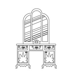 Single antique dressing table in a linear style. Vector Outline of vintage furniture for bedroom and living room.  The vector illustration is isolated on a white background.