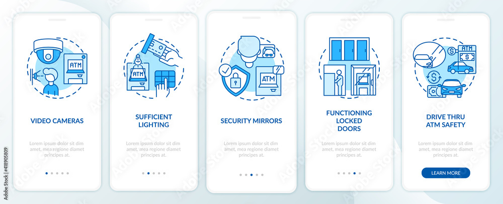 Poster atm safety tips onboarding mobile app page screen with concepts. safe surroundings and surveillance 