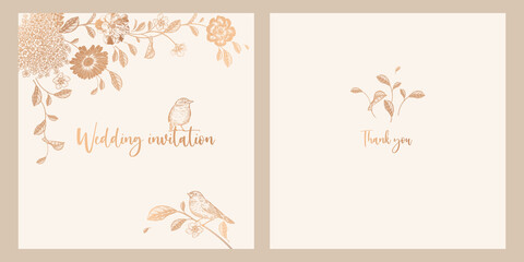 Wedding invitations set. Cute birds, branches with leaves and flowers. Vector. Vintage.