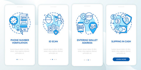 Bitcoin ATM verification steps onboarding mobile app page screen with concepts. Purchasing cash or debit card walkthrough 5 steps graphic instructions. UI vector template with RGB color illustrations