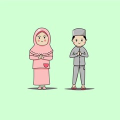 The cute characters of women wearing hijabs and men wearing Islamic clothes are suitable for Ramadan greeting stickers, or Eid holidays. Kawaii Style. Vector illustration.