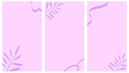 Set of trendy backgrounds for stories with leaves and lines. Pink and purple. Vector 8 eps
