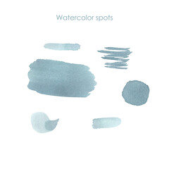 Wedding color pallete. Color painted spots, blots. Gray and blue stains.  Sketches of watercolor. 