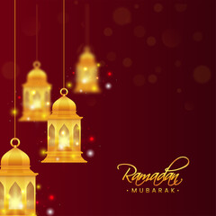 Golden Ramadan Mubarak Font With Illuminated Lanterns Hang On Red Background.