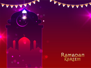Ramadan Kareem Concept With Silhouette Mosque, Crescent Moon, Lit Lantern Hang On Purple And Red Light Effect Background.