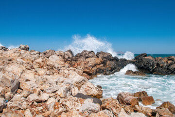 Landscape of beautiful bay with rocky beach in Kos island, Greece