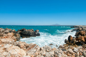 Landscape of beautiful bay with rocky beach in Kos island, Greece