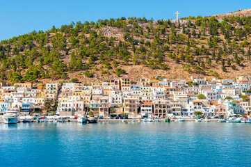 Sunset landscape of the coast and promenade of the island of Kalymnos