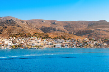 Sunset landscape of the coast and promenade of the island of Kalymnos