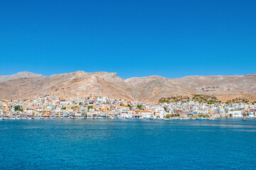 Sunset landscape of the coast and promenade of the island of Kalymnos