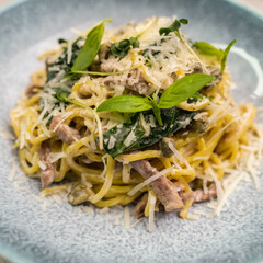 Italian homemade pasta with beef, spinat and cheese.