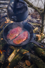Campfire red meat in pan, near the fire outdoors. bushcraft, adventure, travel, tourism and camping concept.