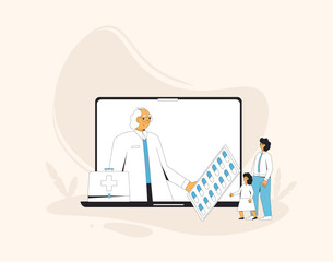 Online medical consultation. Telemedicine. Family doctor distant advise. Health care by internet. Father and daughter have a healthcare remote services.