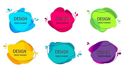 Abstract design vector illustration. Modern logo template. Set of banners, bright layout, liquid forms. Geometric frame, round stroke. Flat image with shadow.	