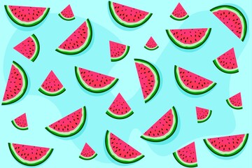 Seamless vector pattern with a slice of watermelon in a hand drawn cartoon stele. Ripe fruits on a blue background. Drawing for typography, printing on fabric, paper. Vector illustration.
