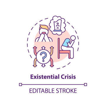 Existential crisis concept icon. Mental health problem. Psychological therapy. Self doubt. Religious issues idea thin line illustration. Vector isolated outline RGB color drawing. Editable stroke