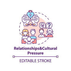 Relationship and cultural pressure concept icon. Religion problem, men and women obligation. Religious issues idea thin line illustration. Vector isolated outline RGB color drawing. Editable stroke