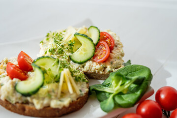 egg cheese tomoto cucumber open sandwich dip bread spread party finger food lunch snack