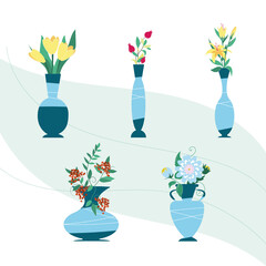 Flower set in vases. Different flowers in vases of different shapes of blue color. Design element, decor, print, decoration.