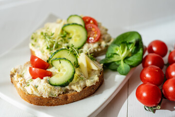 egg cheese tomoto cucumber open sandwich dip bread spread party finger food lunch snack