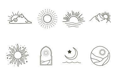 Collection of line design with sun,sea,wave,mountain.Editable vector illustration for website, sticker, tattoo,icon