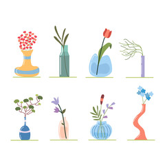 Set of  blooming flowers in vases on white background. Collection of flat spring flower elements. Vector illustration.