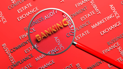 Banking concept banking text and magnifying glass on red-colored background horizontal composition with copy space 3d rendering