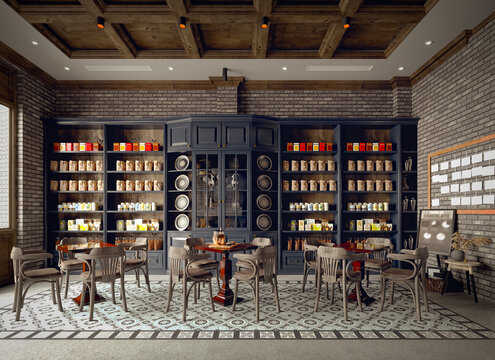 3d render of vintage cafe shop