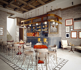 3d render of vintage cafe shop