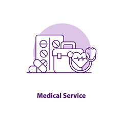 Fototapeta premium Medical service creative UI concept icon. Medical service. Doctor online. Medical equipment. Doctor consultation abstract illustration. Isolated vector art for UX. Color graphic design element