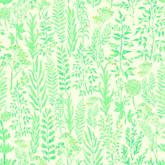 Fototapeta na wymiar Vector seamless background with colorful watercolor illustration of herbs, plants and flowers. Can be used for wallpaper, pattern fills, web page, surface textures, textile print, wrapping paper