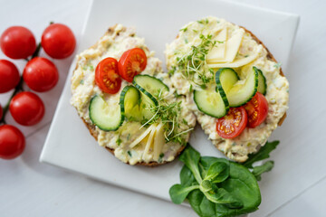 egg cheese tomoto cucumber open sandwich dip bread spread party finger food lunch snack