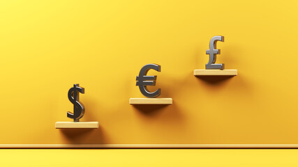 Finance concept dollar euro pound symbols on yellow-colored background horizontal composition with copy space 3d rendering