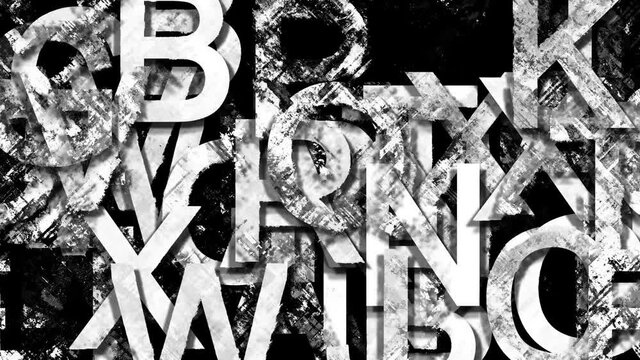 Wall from Dirty Glitch Alphabet 3 - Looped background of big, bold, black and white dirty letters crammed together. Glitchy cross-hatching dirt flashes over the letters. Edgy, chaotic mood.