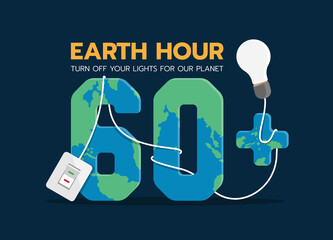 Earth hour, turn off your lights for our planet text - switch Turn off the lights and wire line around 60 plus text with earth world texture vector design