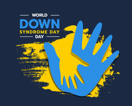 world down syndrome day - blue adult and child hands sign on yellow ink brush background vector design
