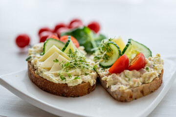 egg cheese tomoto cucumber open sandwich dip bread spread party finger food lunch snack