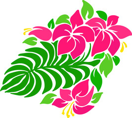 Tropical palm leaves and flowers pattern. Vector illustration.