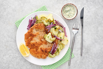 Vienna schnitzel with potatoes and onions.